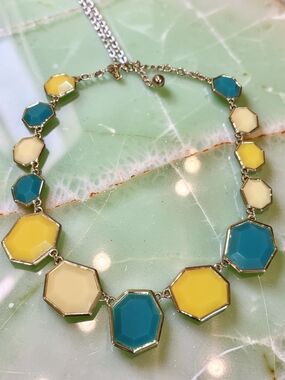 Kate Spade Hexagon Statement Necklace Teal Yellow Cream